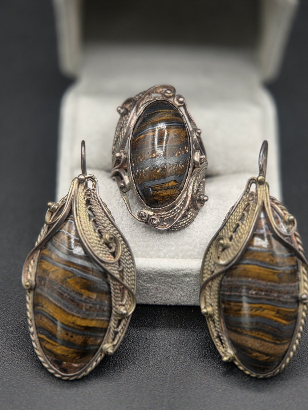 Source Unknown Brown and Black Tiger Eye Earrings with Matching Ring